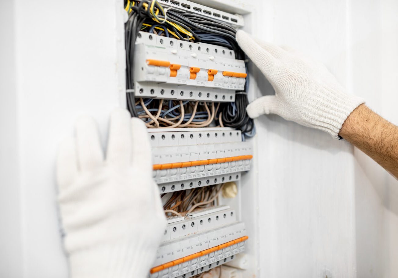 Electrician installing or repairing apartment electrical panel, close-up view